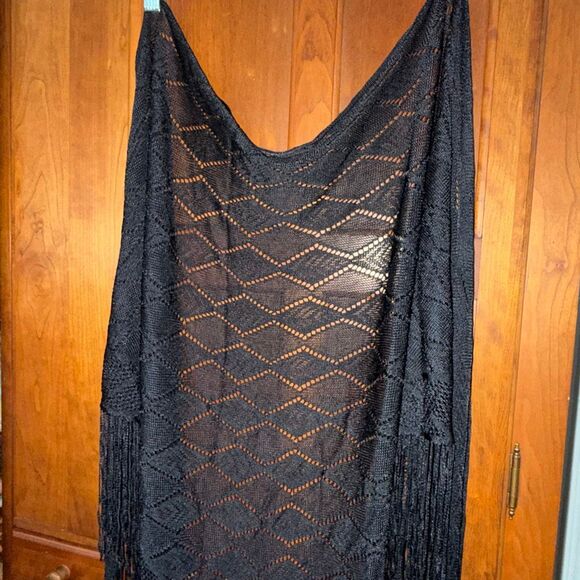 Black Fringe Knit Shawl Wrap | Boho Triangle Scarf | 82x35 + 7” Fringe - Picture 9 of 12